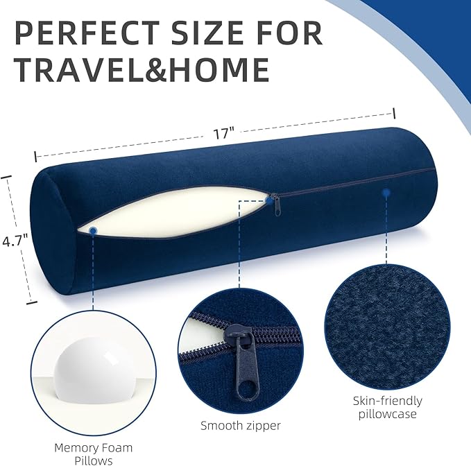 Cervical Neck Pillow Roll Memory Foam Support Round Pillows for Pain Relief Sleeping, Bed, Legs, Back and Yoga Blue 17 x 4.5 Inches