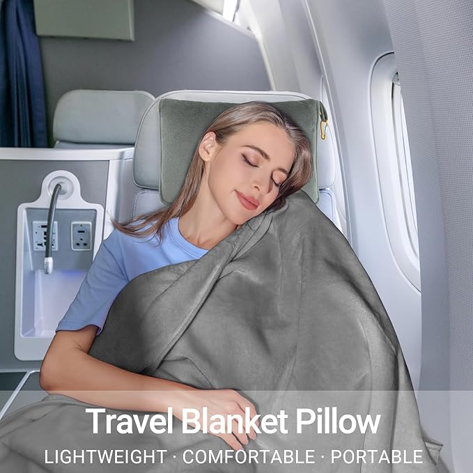 Travel Blanket Pillow- Premium Soft 300 GSM Thick 3 in 1 Airplane Blanket for Long Trips Essentials with Bag Pillowcase, Hand Luggage Sleeve and Backpack Clip (Grey)