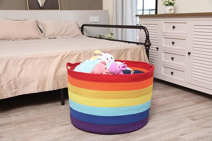 24" x 24" x 17" Max Size Large Cotton Rope Basket, Extra Large Storage Basket, Woven Laundry Hamper, Cloth Storage Bin, for Blankets Clothes Towels Pillows in Living Room, Rainbow