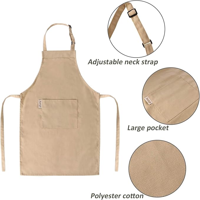 Kids Apron and Chef Hat Set-Adjustable Child Apron for Boys and Girls for Cooking Baking Khaki
