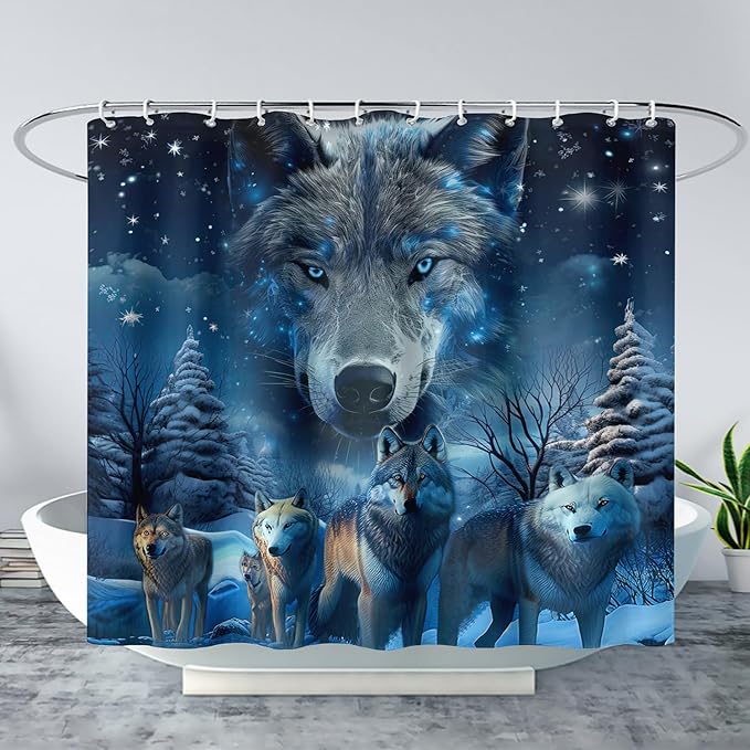 AILONEN 3D Howling Wolf Shower Curtain for Bathroo,Night Galaxy Starry Wolf Safari Animal Print Boys Teen Decor Bath Curtain 72" W*72" H Polyester Fabric Waterproof Bathroom Curtain with 12 Hooks