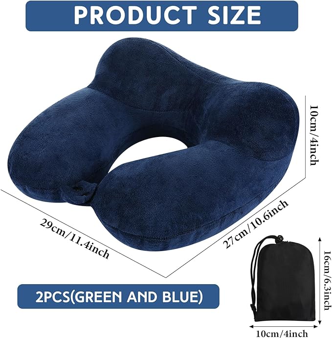 Sintuff 2 Pack Inflatable Travel Pillow for Airplanes Inflatable Neck Pillows with Compact Bag and Blindfold Soft Flight Pillow for Traveling, Airplane, Train, Car, Office(Peacock Green and Blue)