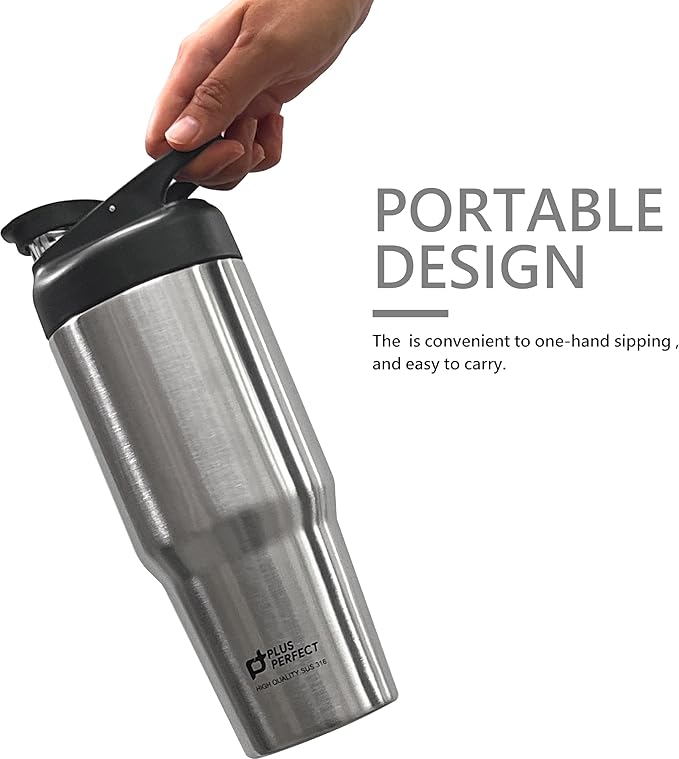 34 OZ 316 Stainless Steel Vacuum Insulated Travel Mug With Leak Proof Flip For Both Straw & Spout, Double Walled Seamless to Keep Hot And Cold, Sliver