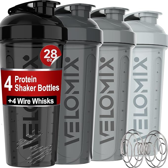 '-4 PACK- 28 oz Protein Shaker Bottle for Protein Mixes - 4x Wire Whisk | Leak Proof Shaker Cups for Protein Shakes | Protein Shaker Bottle Pack | Protein Shake Cup