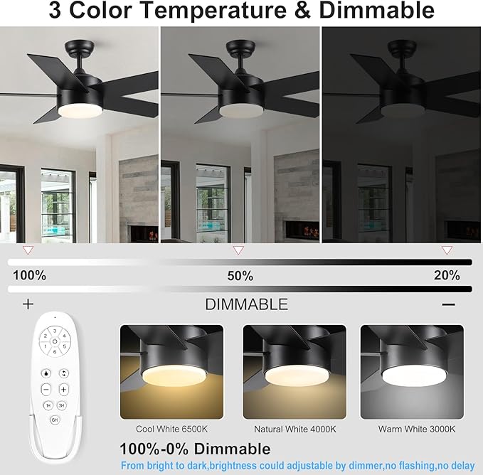 44 inch Black Ceiling Fan with Light Remote Control, LED Ceiling Fans with Lights, 3-Colors Temperatures Dimmable, Modern Ceiling Fan for Bedroom, Dining Room, Living Room