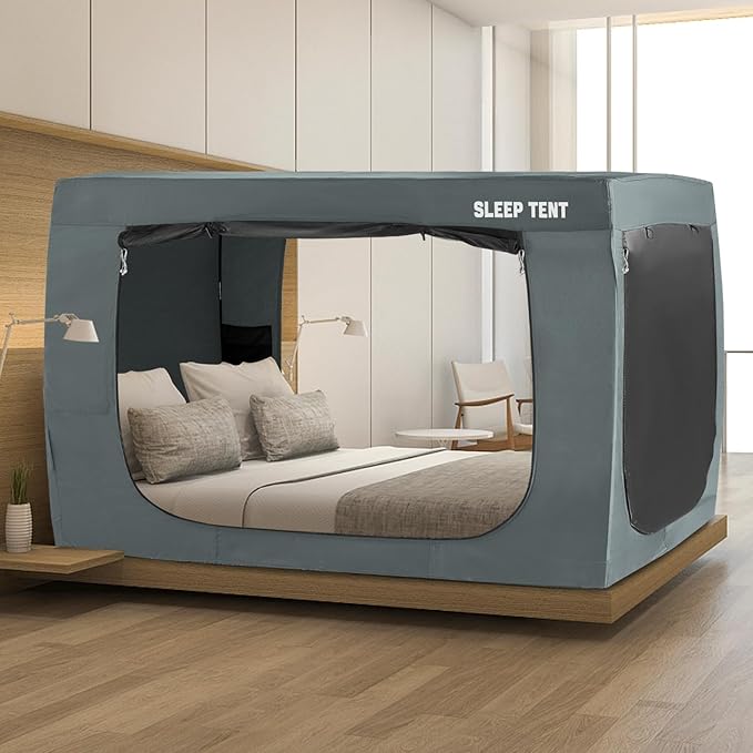 Bed Tent Full Bed Canopy Dream Tents for Indoor Portable Blackout Tents Privacy Space Warm Breathable Sleeping Tents for Kids and Adult(Light Gray,Mattress Not Included) Reducing Light