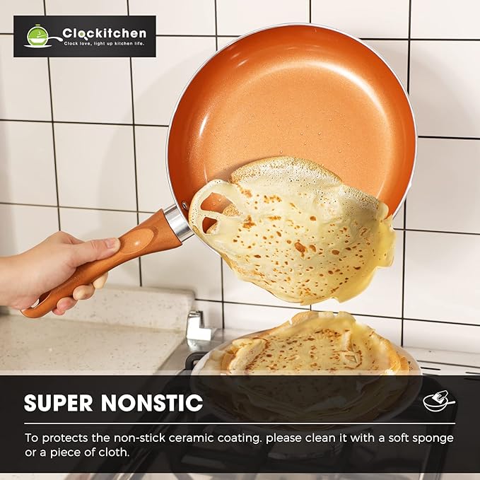 Clockitchen Non Stick Pots and Pan Set, 10pcs Cookware Set with Ceramic Coating, Non-toxic Pan Set Compatible with All Stoves, Dishwasher Safe, Copper