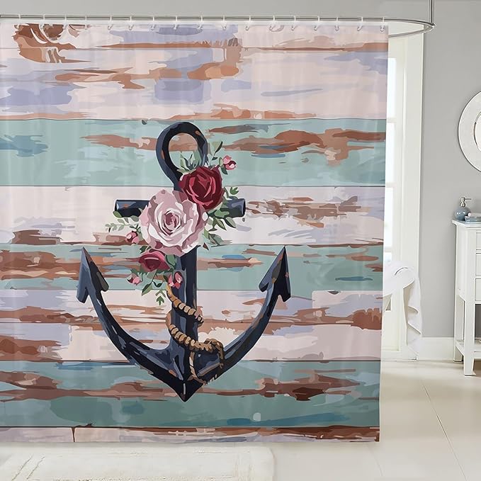 Feelyou Anchor Shower Curtain Rose Anchor Fabric Shower Curtain for Kids Boys Girls Wooden Rustic Bathroom Waterproof Accessories with 12 Hooks Sea Adventure Curtains,72x78 Inches