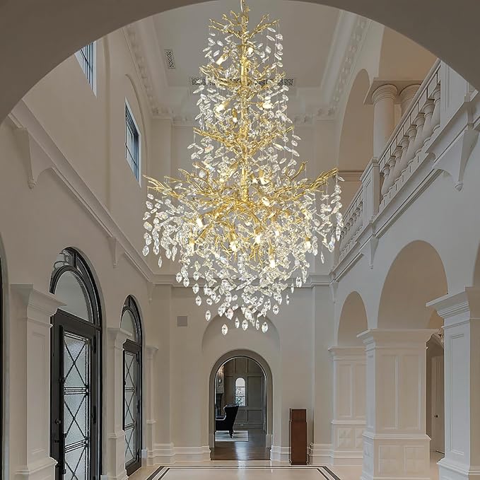H61'' Gold Crystal High Ceilings Chandeliers Staircase Chandeliers Modern Crystal Tree Branch Chandelier, D40'' Foyer Chandelier for High Ceiling Luxury Large Living Room Chandelier, 23-Lights