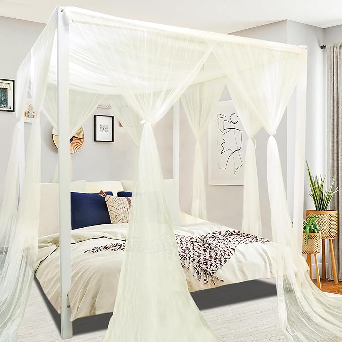 tupi Beige Canopy Bed Curtains for King/Queen Size Bed, 4 Corner Adult Bed Canopy, Ultra Elegant Bed Curtain Drapes Bedroom Decor, Stylish Polyester Netting Canopy, Easy Installation