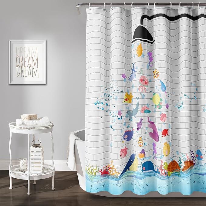 AILONEN Cute Fish Shower Curtain for Kids 72" W*84" H Inch,Raining Marine Animal Playing Water Shower Curtains,12 Pack Hooks Polyester Waterproof Fabric Decor for Bathroom Bathtub Panels