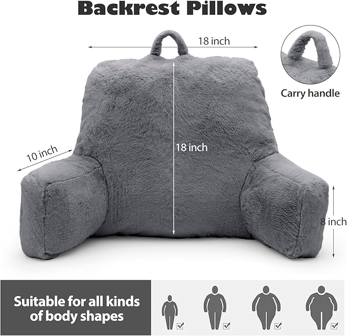 Reading Pillow Large Bed Pillow,Backrest with Arms, Back Support for Sitting Up in Bed, Couch for Lounging Bedrest,Grey