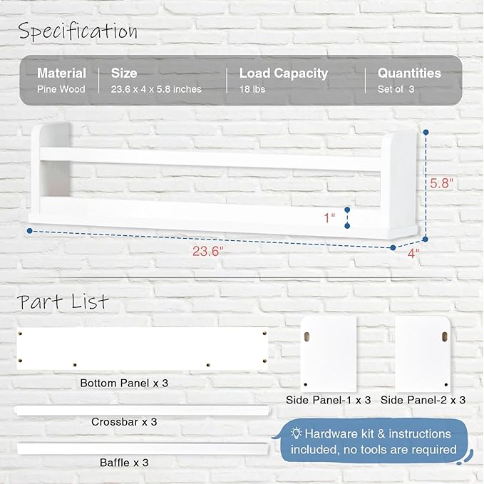 24 Inch Wide Bookshelf for Kids Room Wall Decor, Floating Nursery Book Shelves for Baby Children Teens Bedroom, Corner Hanging Bookshelves Wall Mounted for Classroom Library (White)
