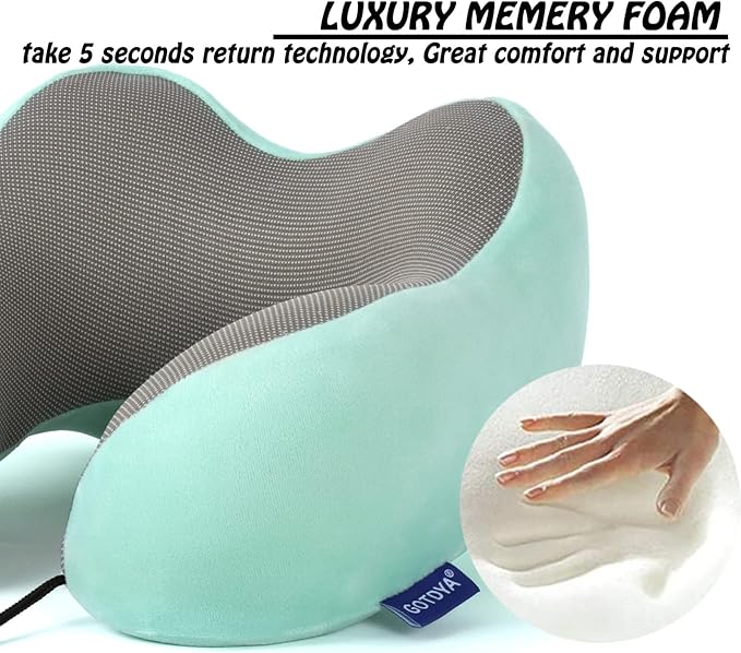 GOTDYA Travel Pillow,Travel Neck Pillows for Sleeping,100% Pure Memory Foam Soft Comfort & Support Pillow for Airplane/Car/Office&Home Rest Use-Blue Green