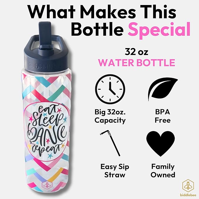 32oz Dance Water Bottle with Straw | BPA-Free Reusable Bottles for Dancer, Girls, Teen, Ballerina | Great Recital Gifts, Birthday Gift or Present for Dance Teacher