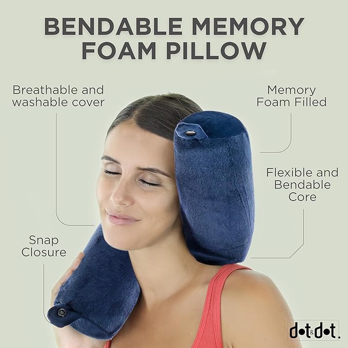 Dot&Dot Twist Memory Foam Travel Pillow for Airplanes - Travel Neck Pillow for Sleeping - Airplane Pillow for Neck Support, Chin, Lumbar and Leg - Adjustable, Bendable Neck Roll Pillow (Velvet Blue 1)
