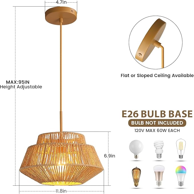 Rattan Chandelier Light Fixtures: 1-Light Boho Pendant Lights with Wicker Lampshade, E26 59inch Height Adjustable Hand Woven Hanging Chandeliers for Dining Room Kitchen Farmhouse Living Room