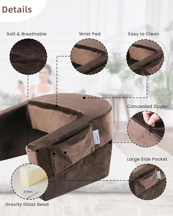 Weighted Idea Reading Pillow for Gaming, Extra Large Arm Rest Pillow for Adult，Lap Desk Pillow Gaming Pillow with 2 Side Pockets for Gaming, Reading, Working Sitting in Bed Floor Sofa (Brown)