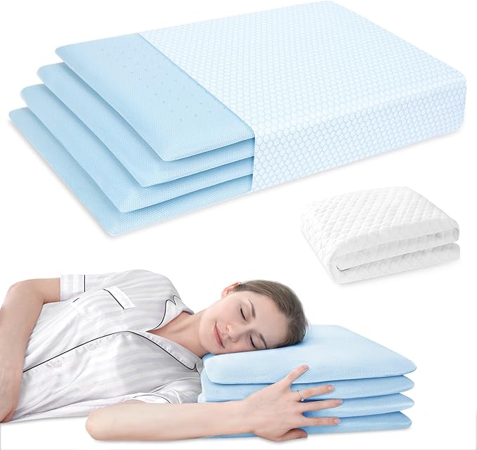 Cervical Neck Thin Pillow Flat Firm Memory Foam Adjustable Pillows from 1.3 to 5.2inch for Stomach Side Back Sleeper with 2 Pillowcases (Blue+Basics)