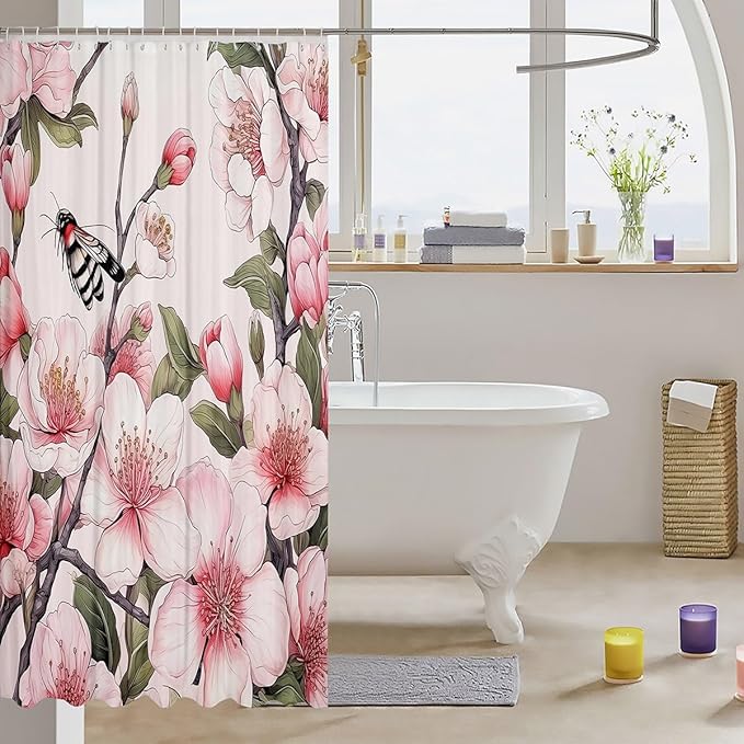 Feelyou Peach Blossom Fabric Shower Curtain for Kids Boys Girls Flower Floral Bathroom Waterproof Accessories with 12 Hooks Pink Shower Curtain Honey Curtains,72x84 Inches