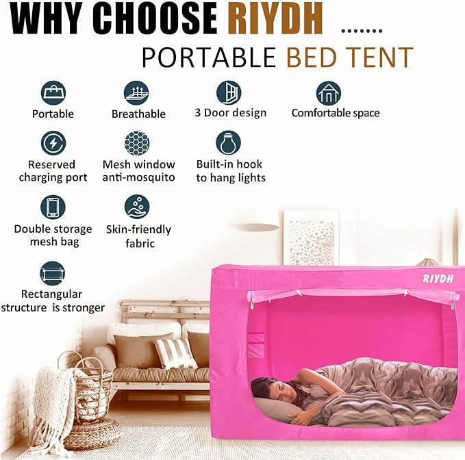 Bed Tent King Bed Canopy Tents - Portable Dream Tent for Kids and Adult Indoor Sleeping Tents 70% Blackout with 3 Doors Breathable Private Space Tents