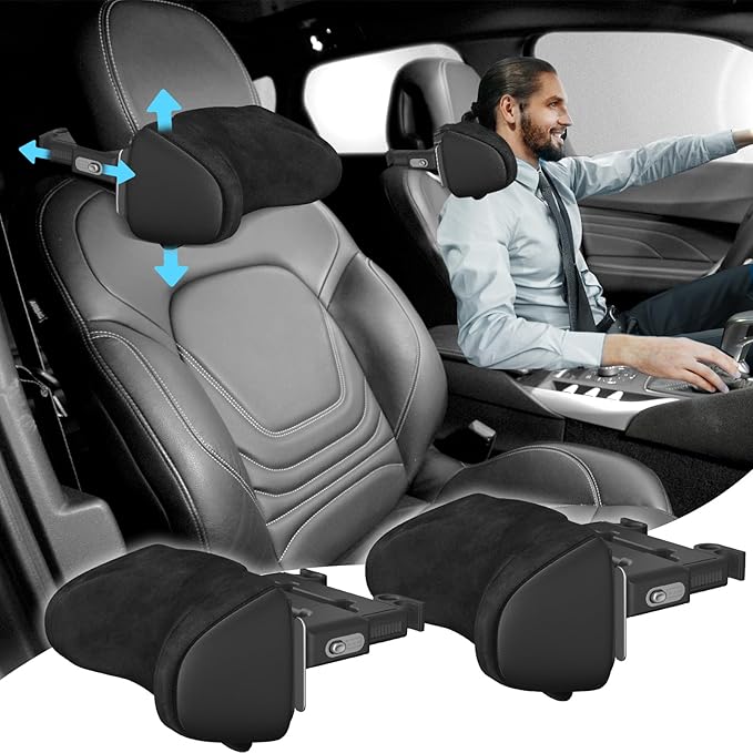 Car Headrest Pillow 2 Pack Car Neck Pillow for Driving Seat Head Support Memory Foam Auto Car Pillow Neck Adjustable Support for Front Seat Fit for Different Heights, with Hook, Tablet Holder
