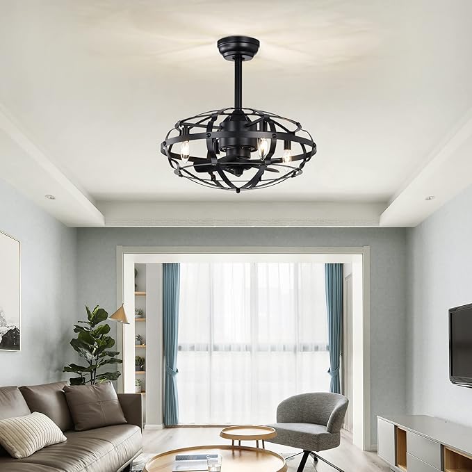 NicBex Ceiling Fan 20 Inch Indoor Industrial Ceiling Fan with Lights Ceiling Fans with 5 Blades and Remote Control Caged Ceiling Fan for Bedroom, Living Room, Black
