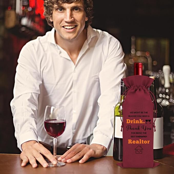 2PCS Realtor Gifts for Women Agent Wine Bag Thank You Gifts for Clients Real Estate Therapist Gifts for Men Wine Bottle Storage Bag Housewarming Gifts for Her Wine Accessories Gifts for Wine Lovers