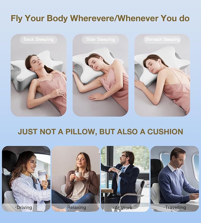 Cervical Pillow for Neck and Shoulder Pain Relief,Ergonomic Pillow Cozy Sleeping,Contour Pillows/Memory Foam Bed Pillow for Side,Back and Stomach Sleepers (White+Grey)