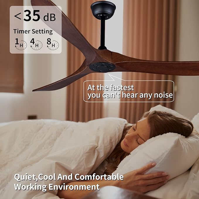 Bigzone 60" Outdoor Ceiling Fan Without Light, Energy Efficient DC Motor, 3 Solid Wood Blades, Wood Ceiling Fan with Remote Control, Reversible Blades