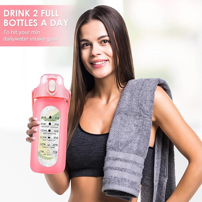 32 oz Glass Water Bottle with Time Marker - 1000ml Large Sports Motivational Water Bottles with Handle & Silicone Case, 1 Liter Leak-proof Measured Drinking Bottle for Gym Fitness Workout (Pink)
