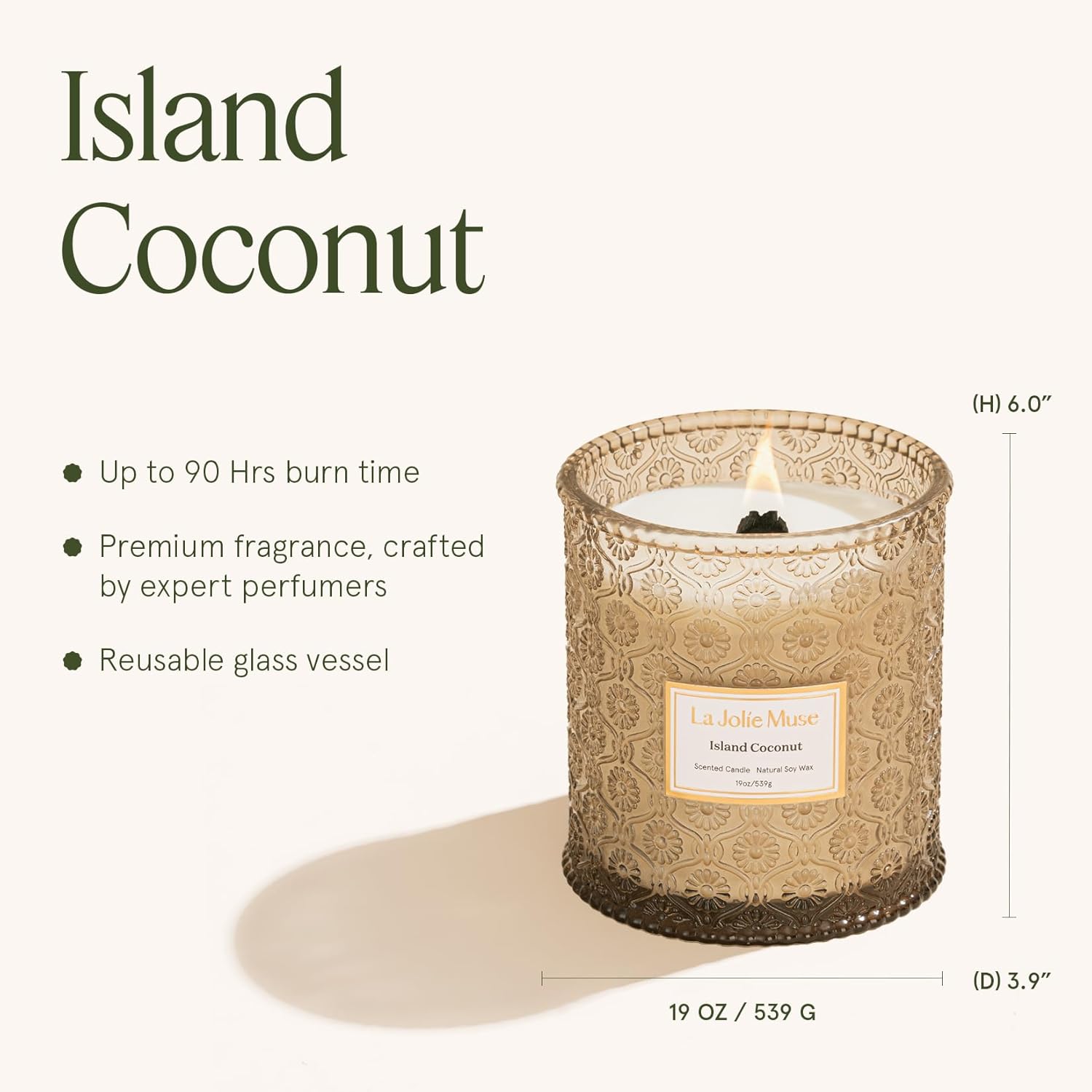 LA JOLIE MUSE Vanilla Coconut Candle – Coconut, Freesia & Vanilla | 19 oz Large Wooden Wick Candle | Natural Soy Wax | 90 Hours Clean Burn | Gift-Ready for Hosts & Gatherings | Elegant Home Décor