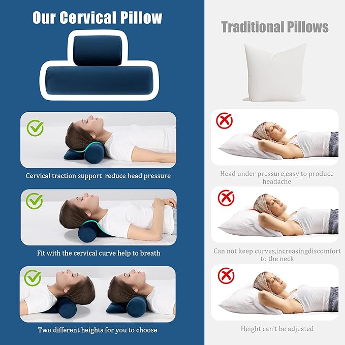 BALAPET Cervical Neck Pillow Adjustable Neck Roll Pillow for Comfortable Sleeping,Neck Support Pillow with Detachable Pad for Body Lumbar Knee Leg Relieve Muscle Tension Spine Alignment(navy blue)