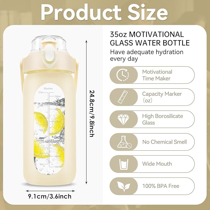 32 oz Glass Water Bottle with Time Marker - 1000ml Large Sports Motivational Water Bottles with Handle & Silicone Case, 1 Liter Leak-proof Measured Drinking Bottle for Gym Fitness Workout (White)