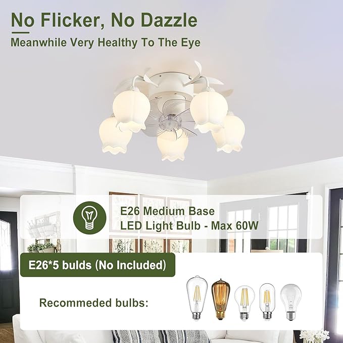 Flower Ceiling Fan with Light: White Flower Fan Lights for Girls Bedroom - Flush Mount Fandelier for Living Room - 5-Light Modern Chandelier with Fan for Home Decor Enthusiasts