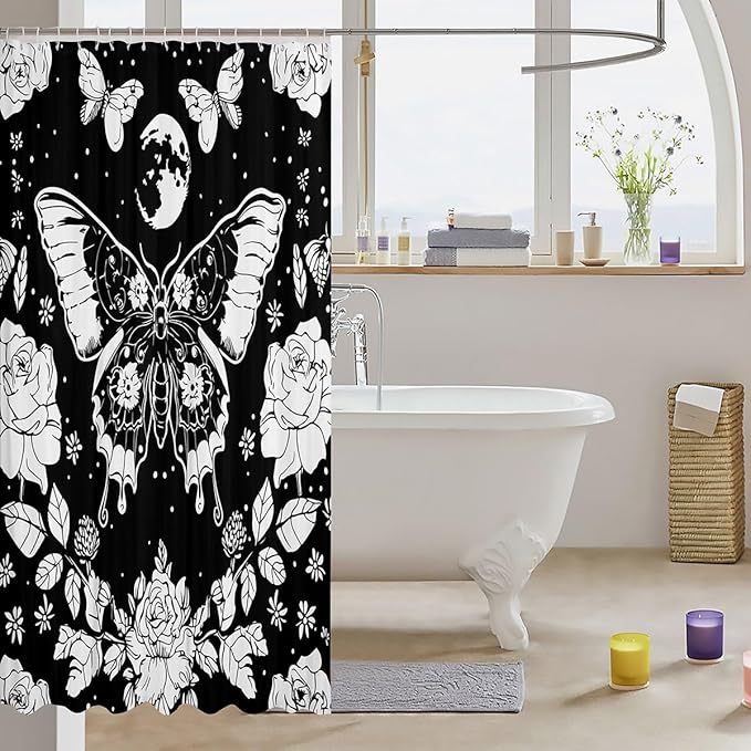 Feelyou Moon Butterfly Shower Curtain Bohemian Moth Fabric Curtain Kids Boys Girls Galaxy Floral Botanical Bathroom Waterproof Accessories with 12 Hooks Boho Exotic Style Black Curtains,72x72 Inches