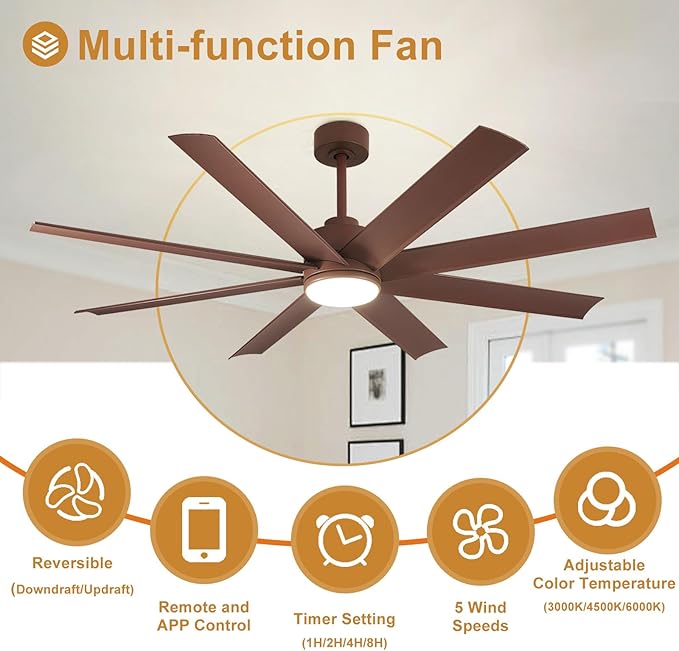 Depuley 72" Modern Ceiling Fan with Light and Remote, LED Dimmable Ceiling Fans with 3-Color Temperatures, Outdoor Ceiling Fan with APP Control for Kitchen Living Room Patio Farmhouse, Brown
