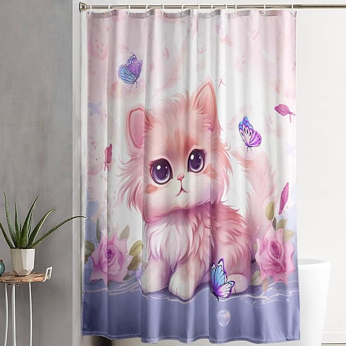 AILONEN Cute Cat Shower Curtain for Kids Boys,Kawaii Kitten and Butterfly Fabric Shower Curtains for Bathroom,Big Eye Pink Cat Polyester Cloth Bath Curtain Set, 72" W*78" H Pink