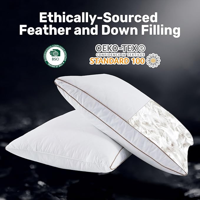 UNIKOME Goose Feather and Down Pillows,Oval Gusseted Feather Down Pillow for Sleeping, 100% Cotton Pillow Cover, King Size, Set of 2