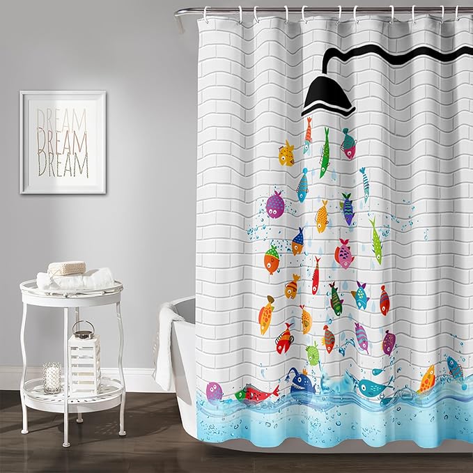 AILONEN Cute Fish Shower Curtain for Kids 48" W*72" H Inch,Raining Fish Playing Water Shower Curtains,12 Pack Hooks Polyester Waterproof Fabric Decor for Bathroom Bathtub Panels