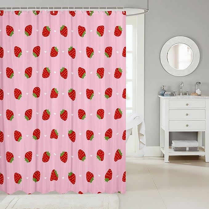 Feelyou Girls Strawberry Fabric Shower Curtain Kawaii Strawberry Shower Curtain Kids Boys Girls Pink Cartoon Fruit Food Theme Bathroom Waterproof Accessories with 12 Hooks Kawaii Curtains,72x78 Inches