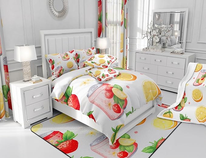 Feelyou Strawberry Shower Curtain Boys Girls Orange Fabric Shower Curtain for Kids Cherry Bathroom Waterproof Accessories with 12 Hooks Fruit Summer Theme Curtains,72x72 Inches