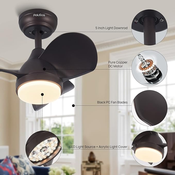 Ceiling Fans with Lights, Modern Ceiling Fan with Lights Remote Control, Flush Mount Ceiling Fan with LED Light， Reversible Quiet DC Motor for Bedroom Living Room(20 Inches)