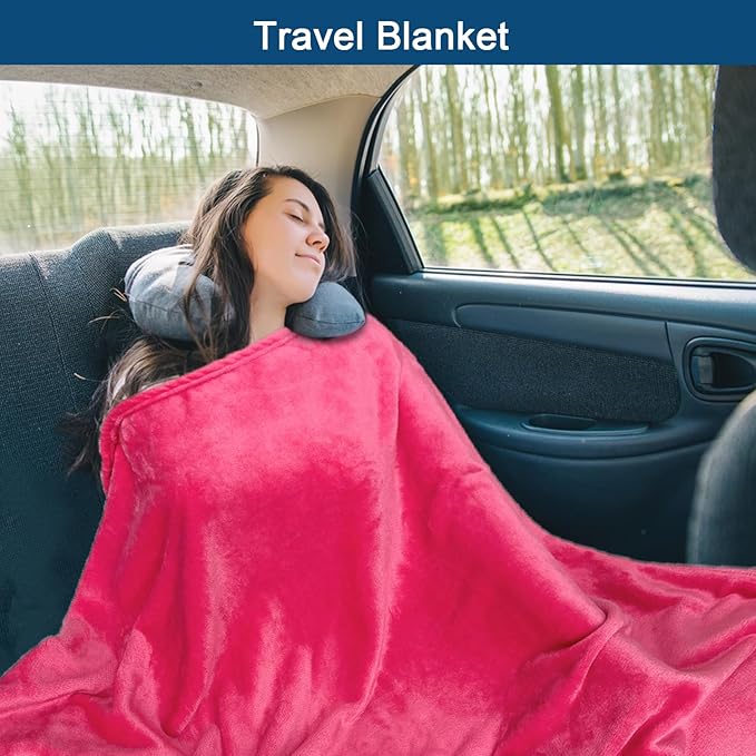 Bnuitland Travel Blanket and Pillow 2 in 1, Soft Flannel Airplane Blanket in Bag Compact-Long Flight Essential for Adults and Kids, Portable Luggage Sleeve and Backpack Clip, 65×40 inch Hot Pink