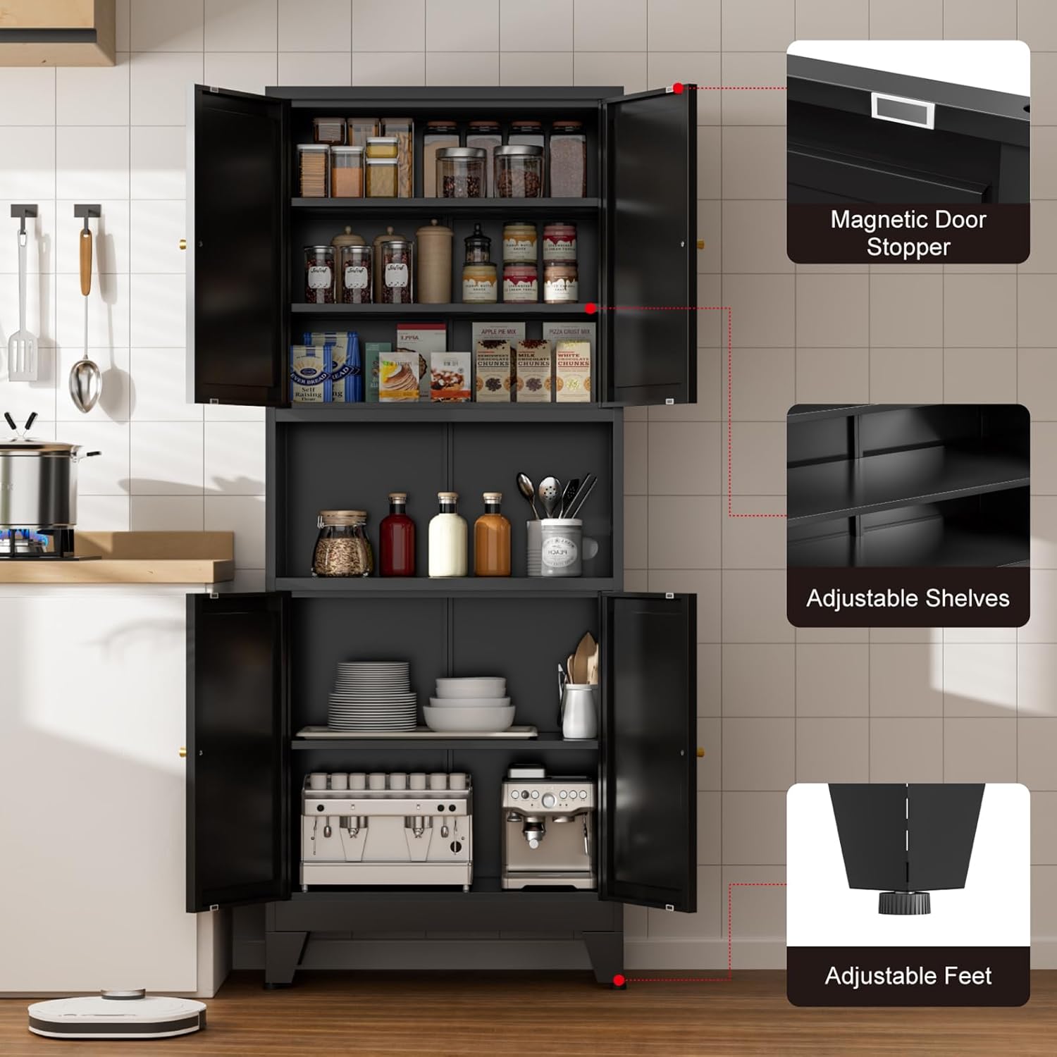 69" Tall Kitchen Pantry Cabinet, Metal Storage Cabinet with 4 Doors and Adjustbale Shelves, Freestanding Cupboards for Dining Room, Living Room, Bathroom