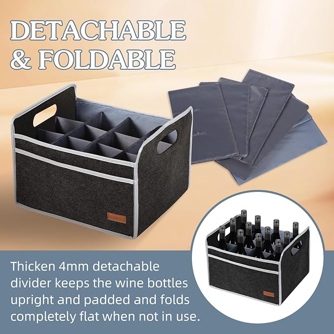 12 Bottle Wine Carrier, Thicken Felt Wine Carry Case Collapsible Wine Bottle Storage Box Liquor Bottle Tote with Handles for Travel, Party, Picnic (Dark Gray)