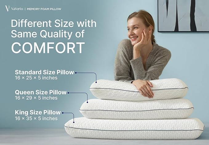 Vaverto Gel Memory Foam Pillow -Standard Size - Ventilated, Premium Bed Pillows with Viscose Made from Bamboo Pillow Cover, Cooling, Contoured Support, Orthopedic Sleeping