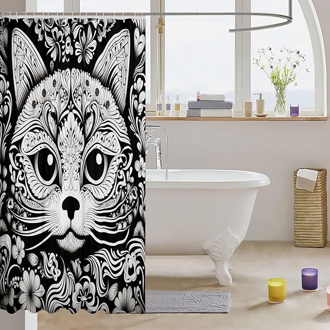 Feelyou Cute Cat Shower Curtain Damask Cat Fabric Shower Curtain for Kids Boys Girls Black White Cat Bathroom Waterproof Accessories with 12 Hooks Cartoon Cat Curtains,72x84 Inches