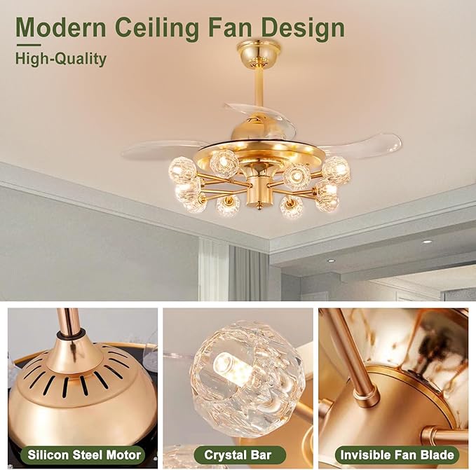 48" Chandelier Ceiling Fans with Lights: 12-Light Sputnik Crystal Ceiling Fan Chandelier - Modern Retractable Fandelier Ceiling Fan for Dining Living Room Bedroom - Gold Fandelier with Lights
