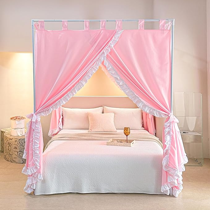 AIKASY Peach Pink Canopy Bed Curtains with Top Ties and Tie Backs for Bedroom Decoration - Queen Size Bed Curtains with Windproof and Lightproof Features
